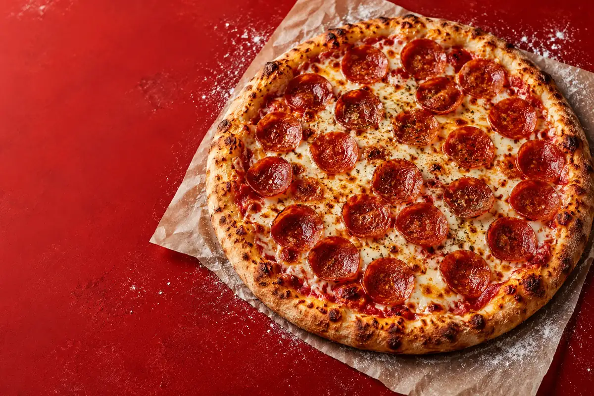 Illustrative pepperoni pizza with golden crust on a red table